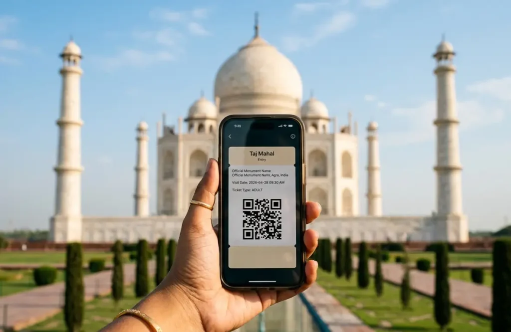 Online e-ticket on smartphone in front of the Taj Mahal.