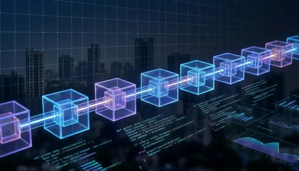 Glowing interconnected blocks representing blockchain technology concept.
