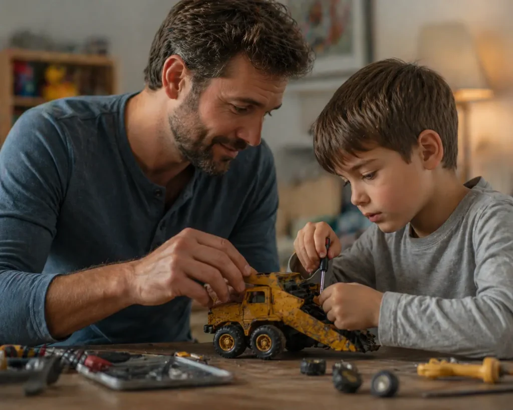 Parent patiently helping a child repair a broken toy to teach responsibility.