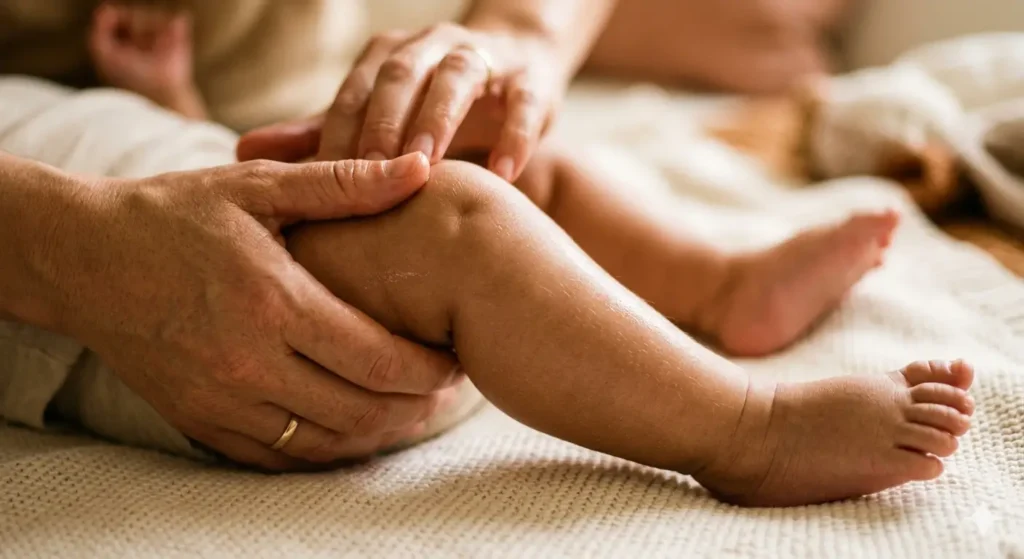 Close-up of mother's hands massaging a baby's legs with natural oil.