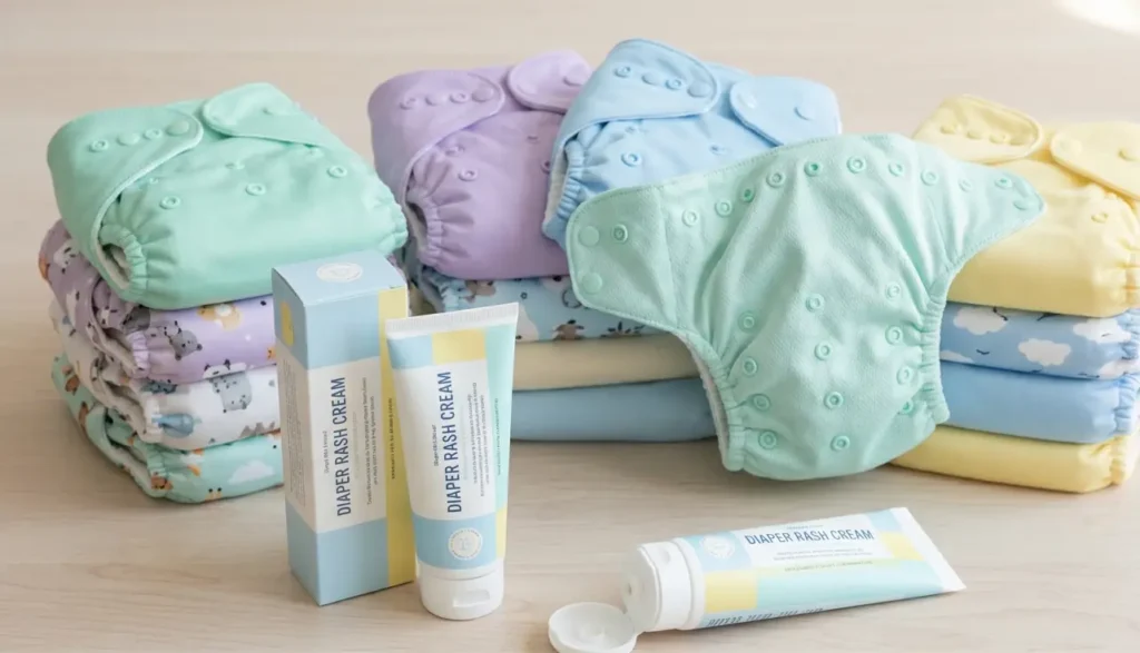 Eco-friendly cloth diapers and diaper rash cream for newborn skin protection