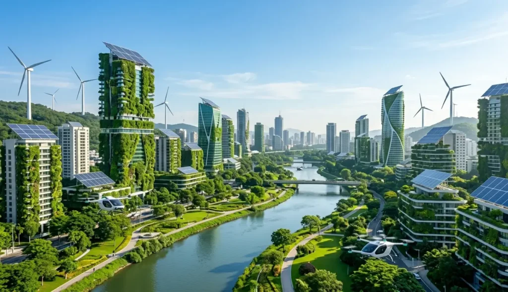 Green city architecture with solar panels for sustainability skills.