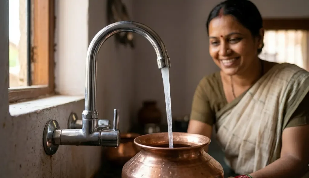 Close-up of clean water flowing from a tap in a rural Indian household with a woman smiling in the background.