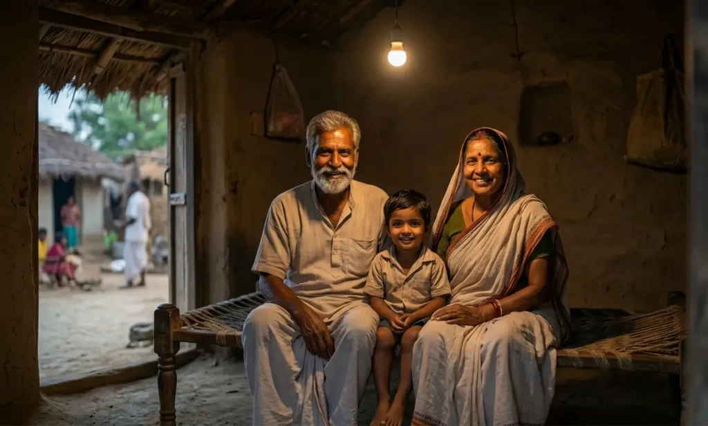 Rural family in Bihar in a lit home representing affordable electricity access.