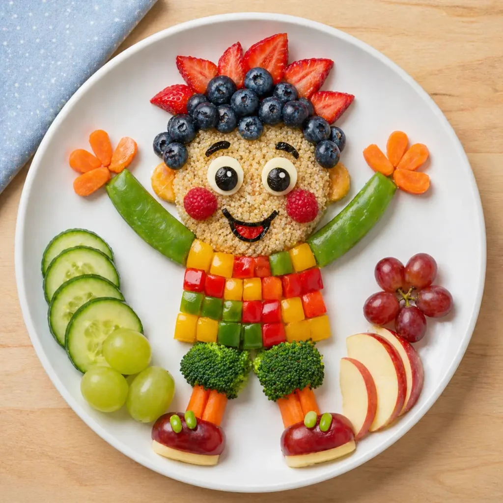 Healthy snacks for kids arranged creatively as a cartoon face on a plate.