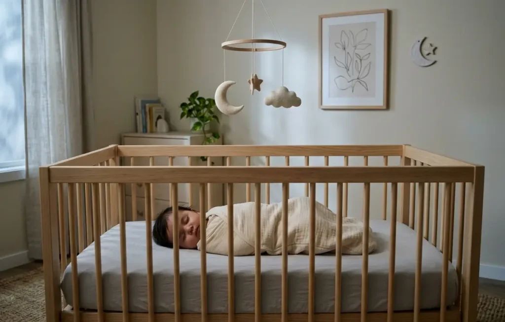 Newborn baby sleeping safely on their back in a wooden crib.