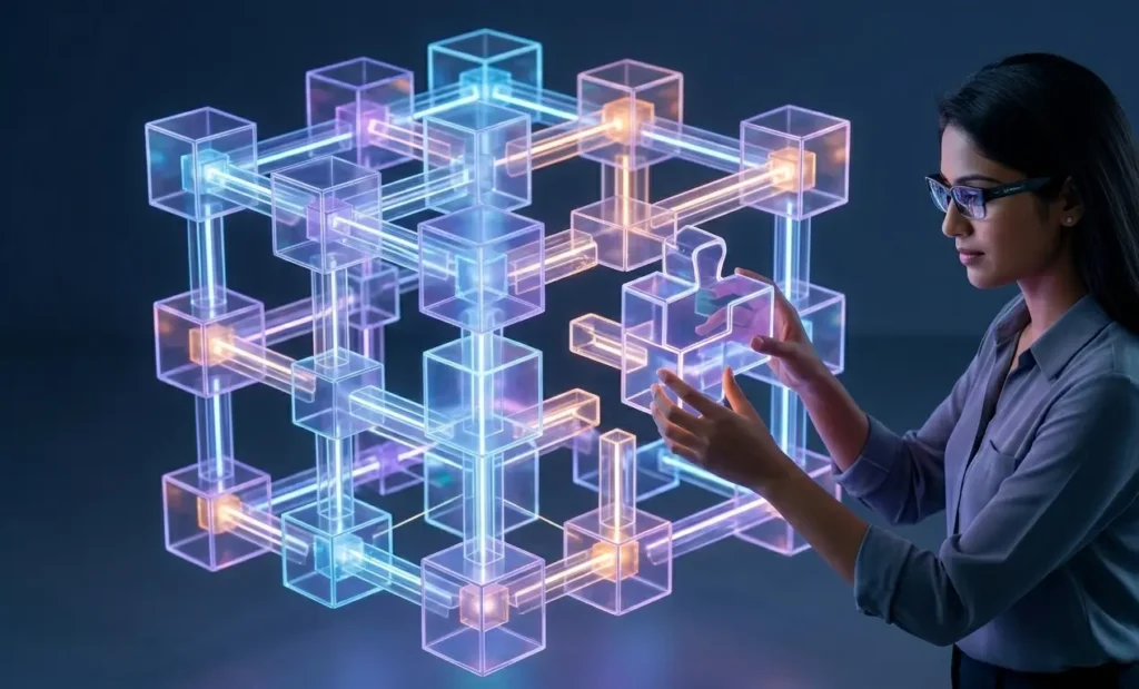 Person completing a glowing puzzle representing complex problem solving skills.