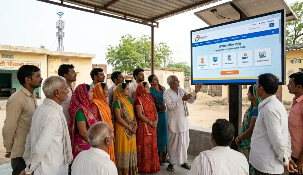 Rural village residents watching a large digital screen for e-governance services with a high-speed broadband tower in the background.
