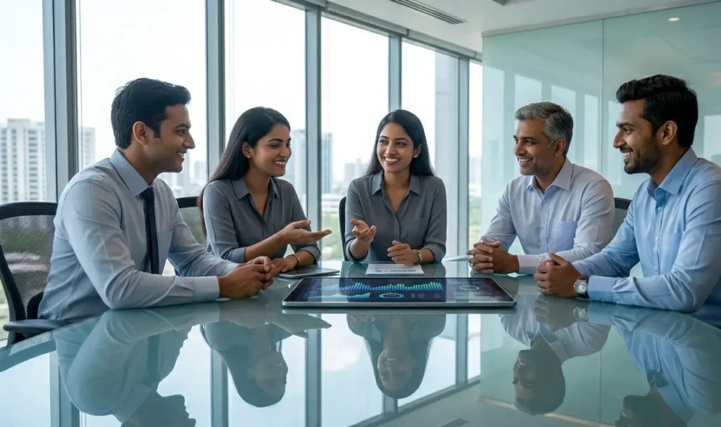 Professional team meeting in a modern office for leadership and communication.