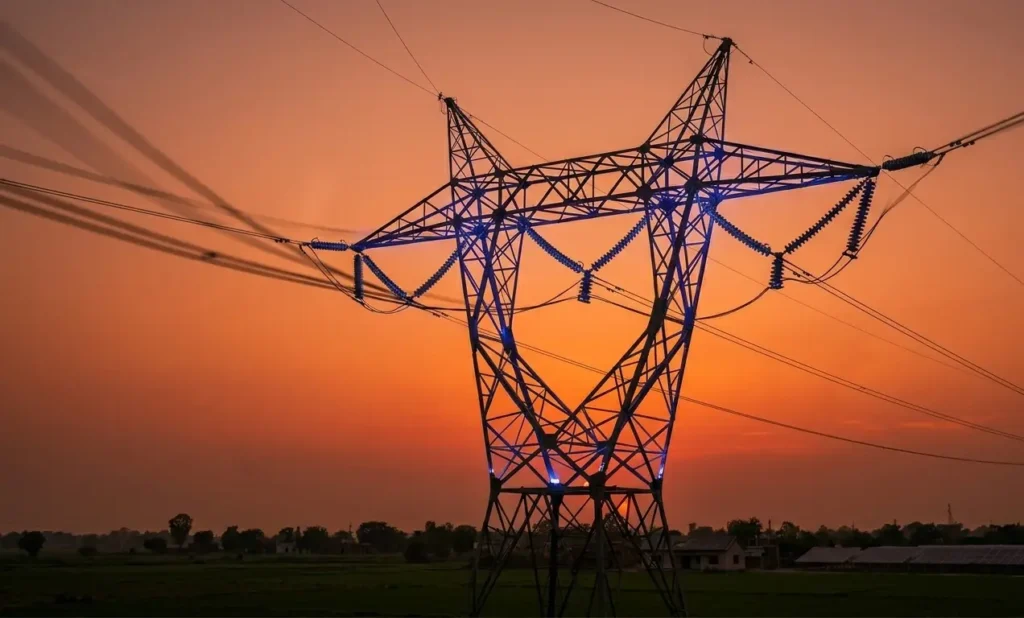 Power transmission towers in Bihar representing state power infrastructure.