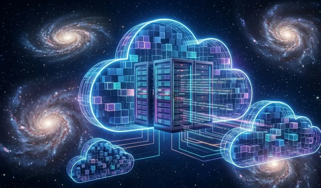 Futuristic digital cloud storage concept with glowing lines and cubes.