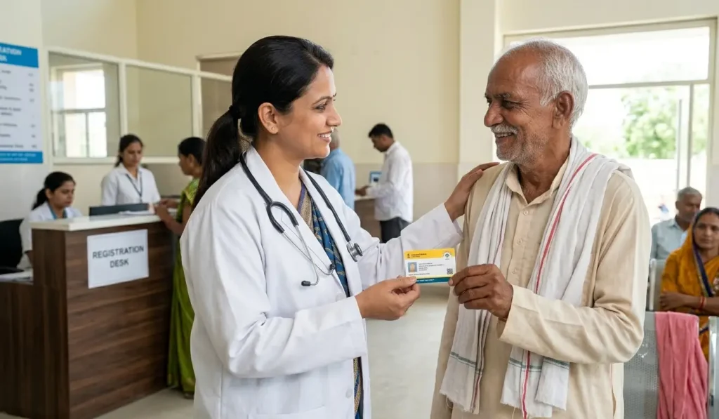 A professional doctor consulting an elderly patient who is holding a government health card in a modern hospital setting.