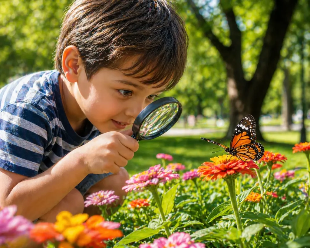 Curious child examining a butterfly with a magnifying glass in nature.