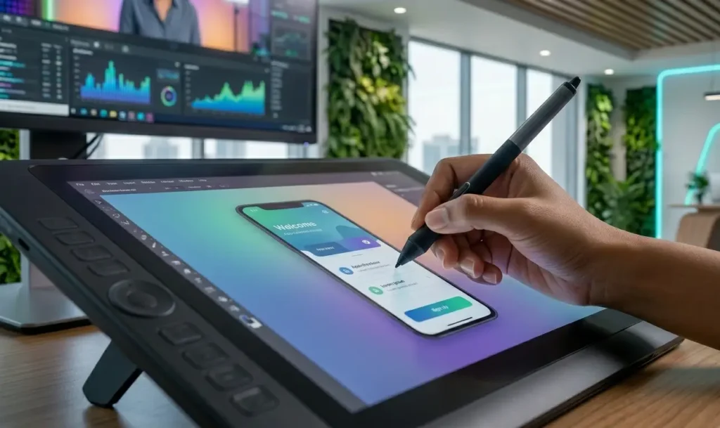 Designer using a stylus on a tablet to create a mobile app UI design.