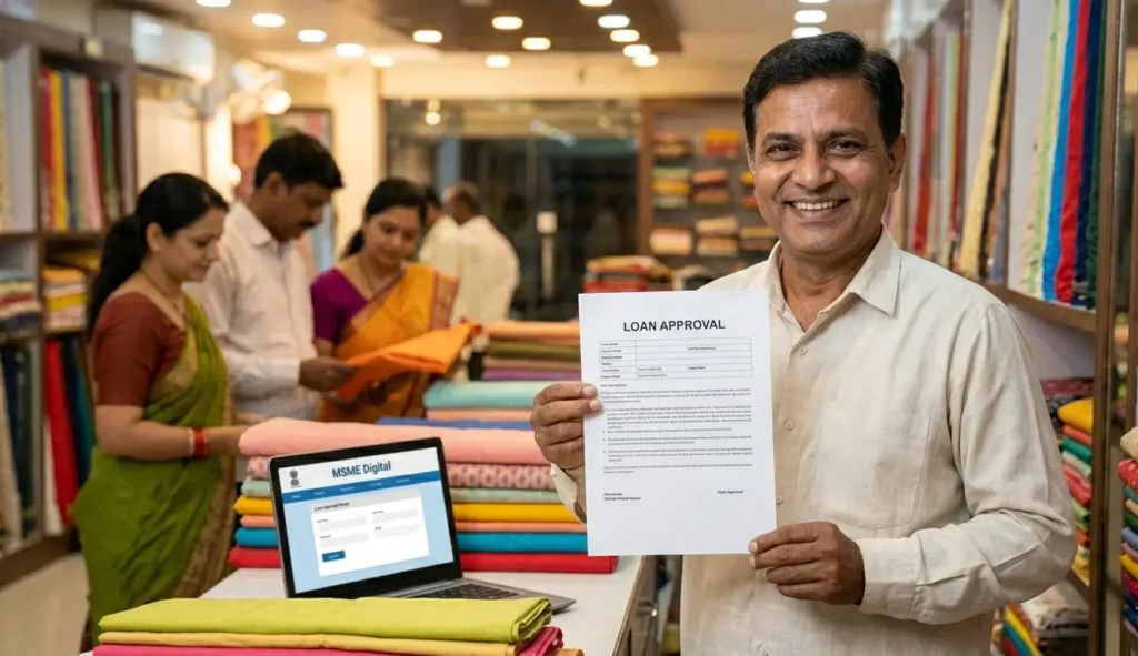 A small business owner in his shop showing a successful loan approval document for business expansion.