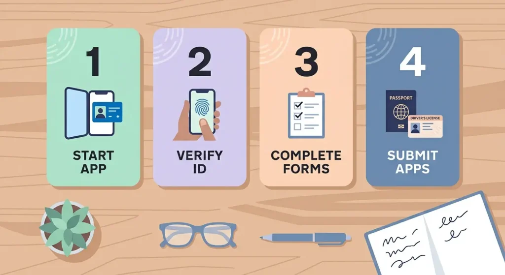 Step-by-step infographic roadmap representing an online application verification process