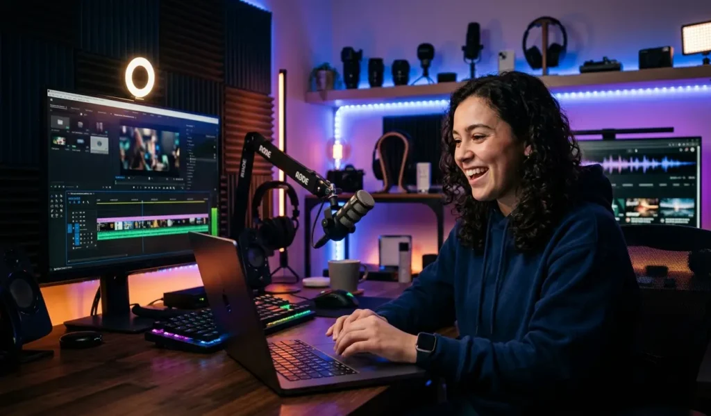 A happy video creator working on a laptop without watermark restrictions.