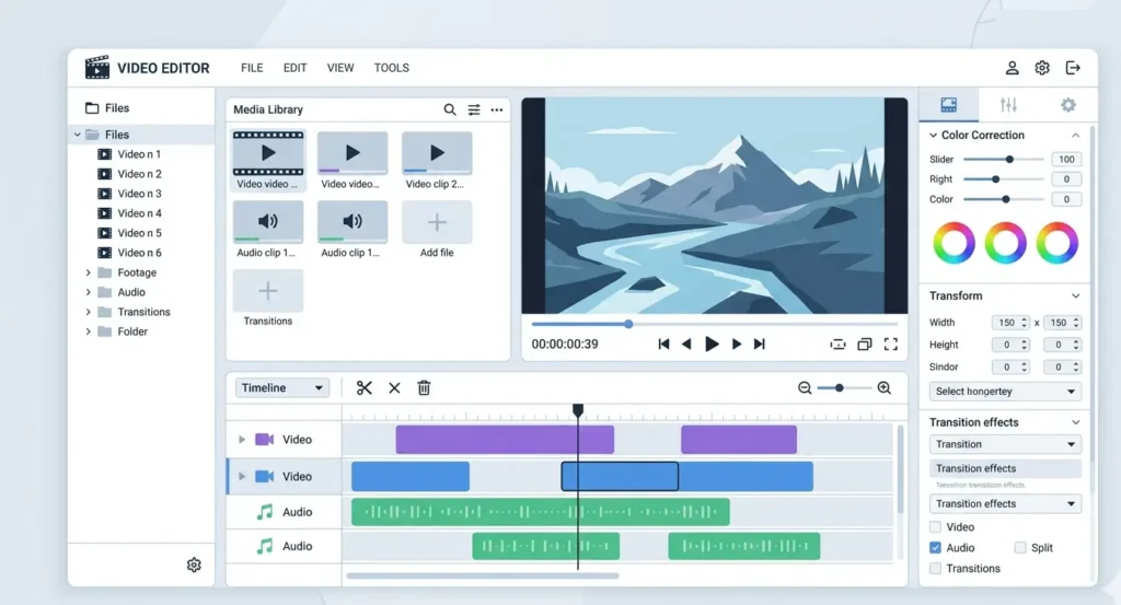 Minimalist web application layout for online free AI video editing.