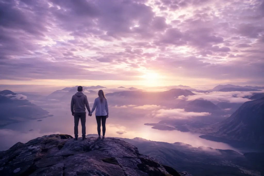"A majestic landscape shot of a couple standing hand-in-hand on a mountain cliff during a peaceful silver and lilac dawn."