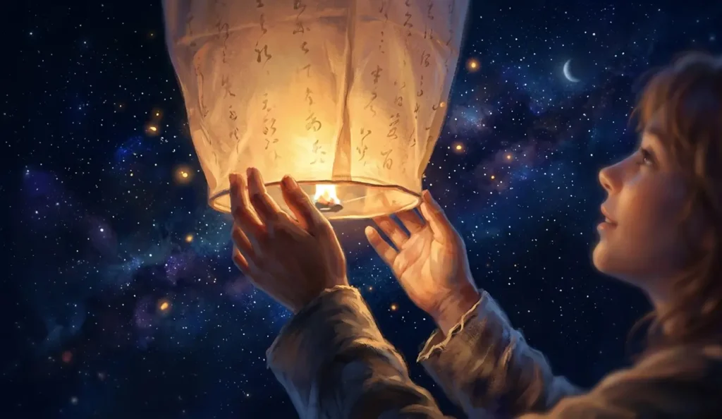 "A close-up digital art piece of hands releasing a glowing paper lantern into a starry night sky, reflecting a hopeful expression."