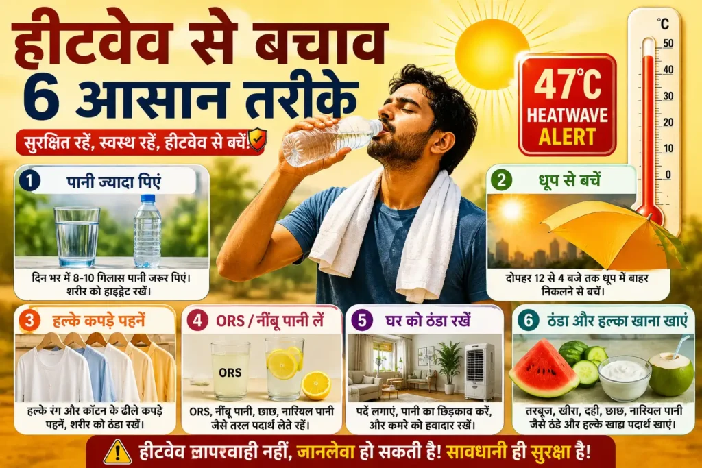 Heatwave safety tips infographic showing how to stay safe in extreme heat including hydration, avoiding sun and eating cooling foods