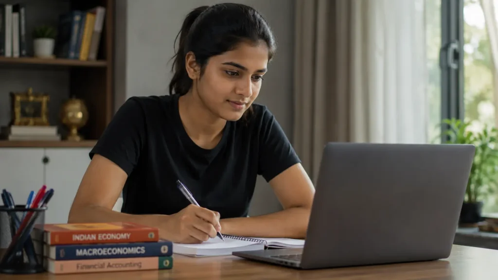 Realistic young Indian woman studying online with laptop and notebook at home desk setup, educational atmosphere, cinematic lighting and focused human expression