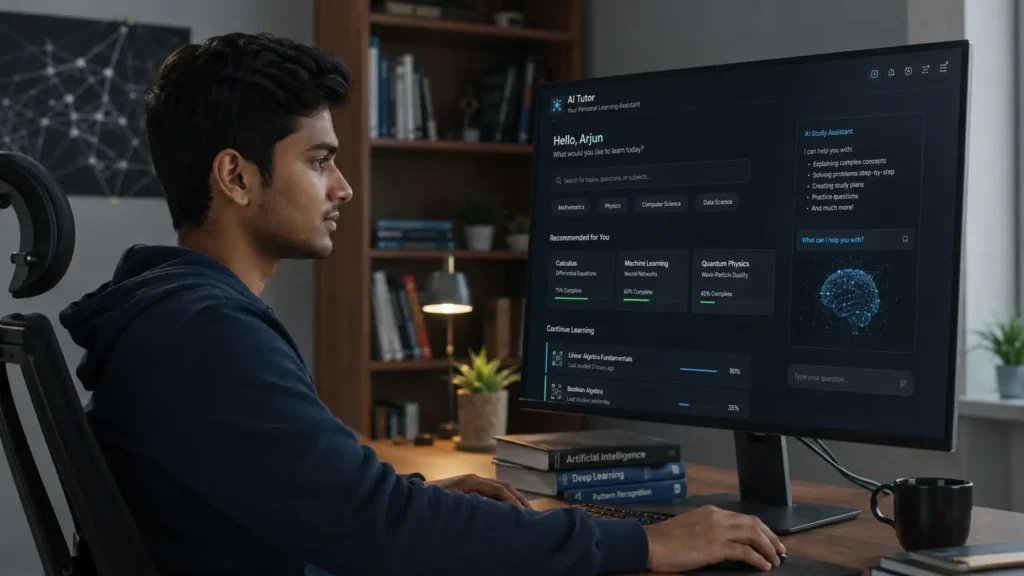 Young Indian man using AI-powered education platform on desktop computer with futuristic learning interface, modern room setup and cinematic realistic lighting