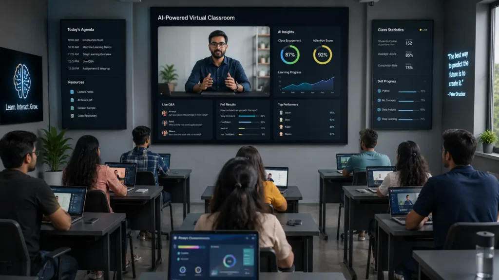 Modern virtual classroom with students attending online education sessions on laptops, futuristic digital screens, realistic human expressions and cinematic learning environment