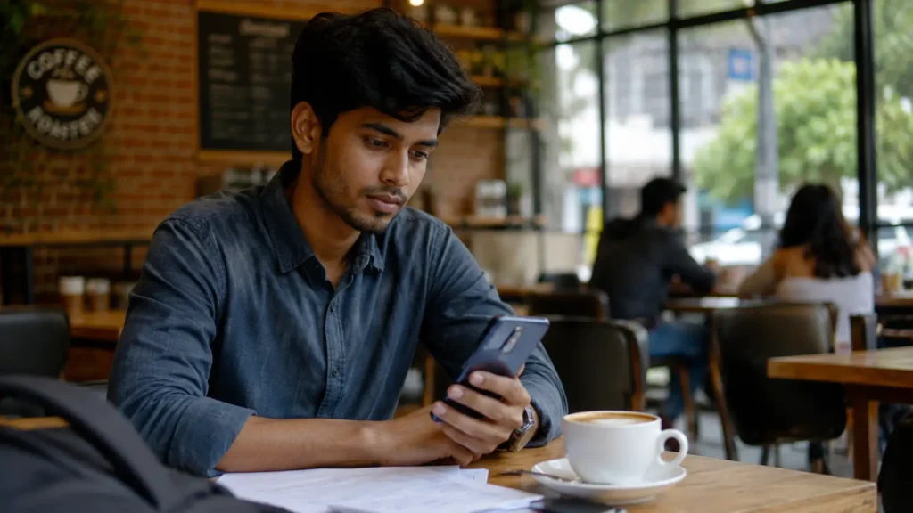 college student sitting in a modern café while using a smartphone, coffee cup and notebook on table, natural daylight, realistic study and lifestyle scene, cinematic photography.