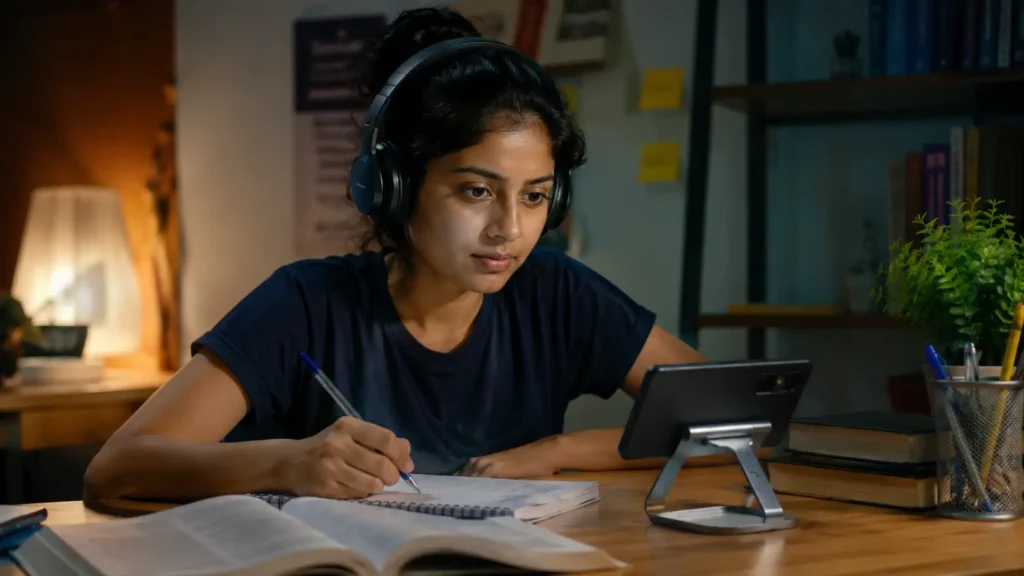Young Indian woman attending an online class on a smartphone with headphones, taking notes in a notebook, warm indoor lighting, realistic study environment, focused expression.