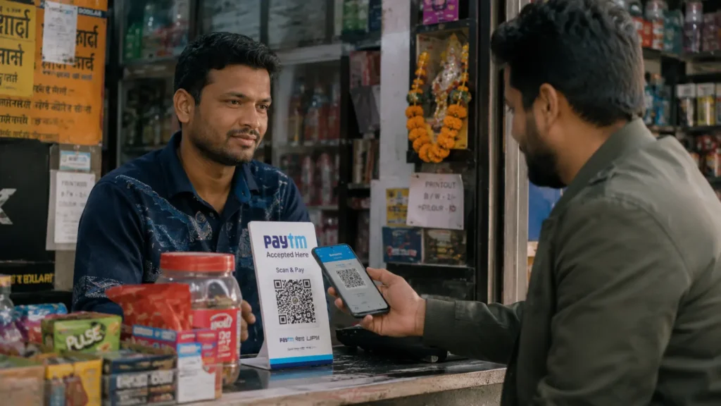 shopkeeper accepting smartphone QR code payment from a customer in a local market shop, digital payment transaction, realistic expressions, modern retail environment, cinematic lighting.