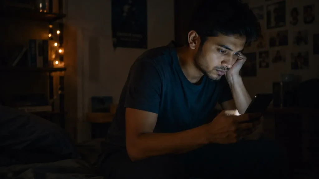 Young man sitting alone in a dark room late at night scrolling on a smartphone, emotional expression, mobile screen illuminating face, digital addiction concept, cinematic realistic atmosphere.
