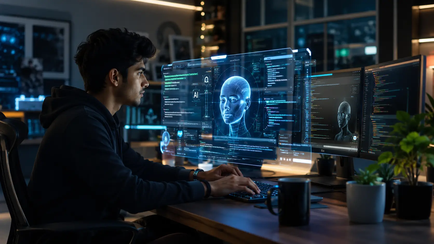 AI creator using futuristic workspace