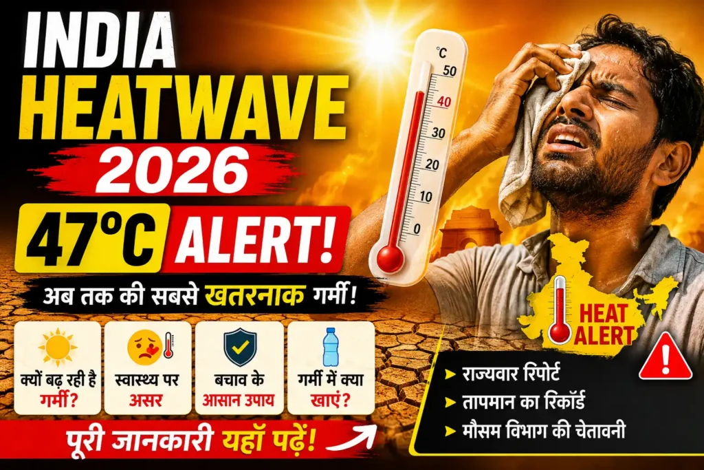 India Heatwave 2026 extreme temperature 45°C alert with thermometer, hot sun and person suffering from heat