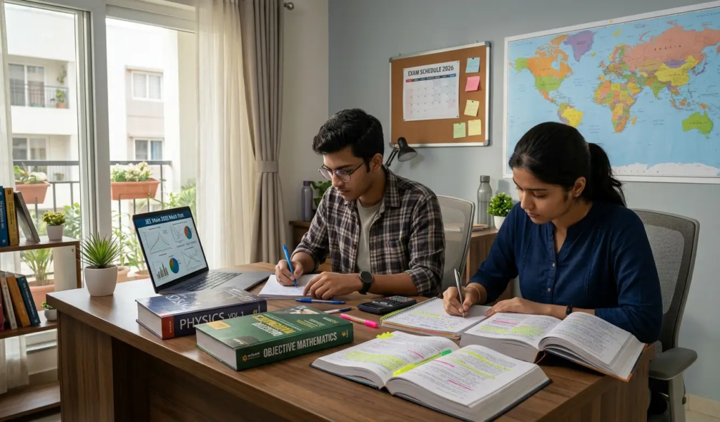 Students preparing for entrance exam with books and laptop in study environment