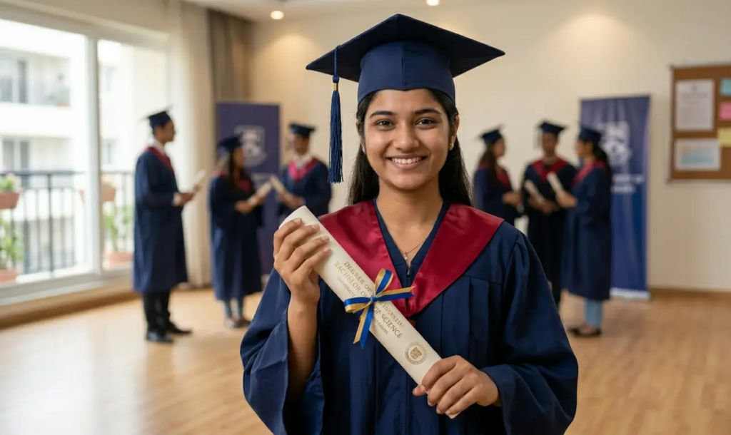Student holding graduation degree certificate with confident expression