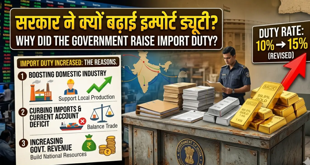 Ek informative infographic image jo Bharat sarkar dwara import duty badhane ke kaaranon ko darshati hai. Image ke top par bade aksharon mein likha hai, 'Sarkar ne kyon badhayi import duty?' (Why did the government raise import duty