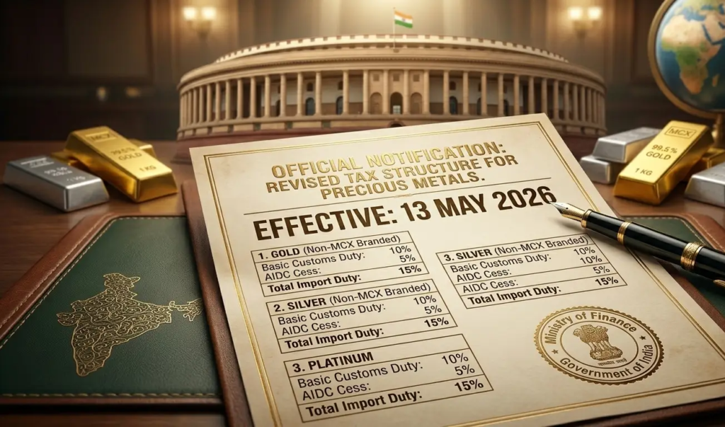 Document par 'Ministry of Finance, Government of India' ka official embossed seal hai. Desk par ek elegant fountain pen, kuch non-branded gold, silver, aur platinum bars bhi dikhaye gaye hain."