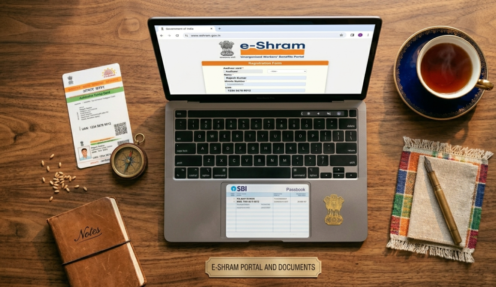 लैपटॉप स्क्रीन पर खुला हुआ भारत सरकार का आधिकारिक ई-श्रम (e-Shram) ऑनलाइन रजिस्ट्रेशन पोर्टल।