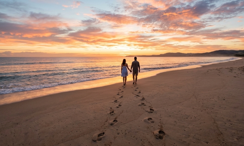 "A wide-angle cinematic shot of a couple walking on a beach towards a bright orange and pink sunrise, leaving footprints in the sand."