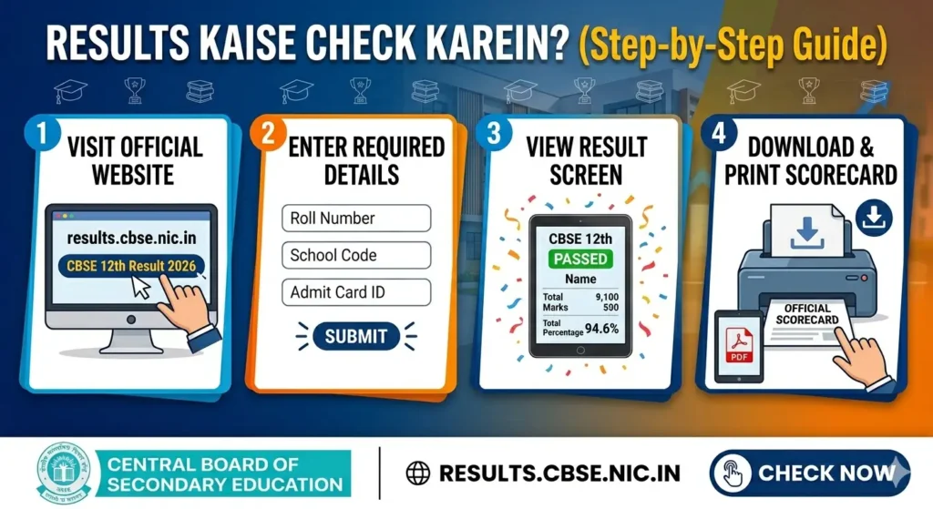 Ek informative infographic jo result check karne ke 4 steps dikhata hai: 1. Official website visit karein, 2. Details (Roll No, School Code) enter karein, 3. Result screen par dekhein, aur 4. Scorecard download/print karein.