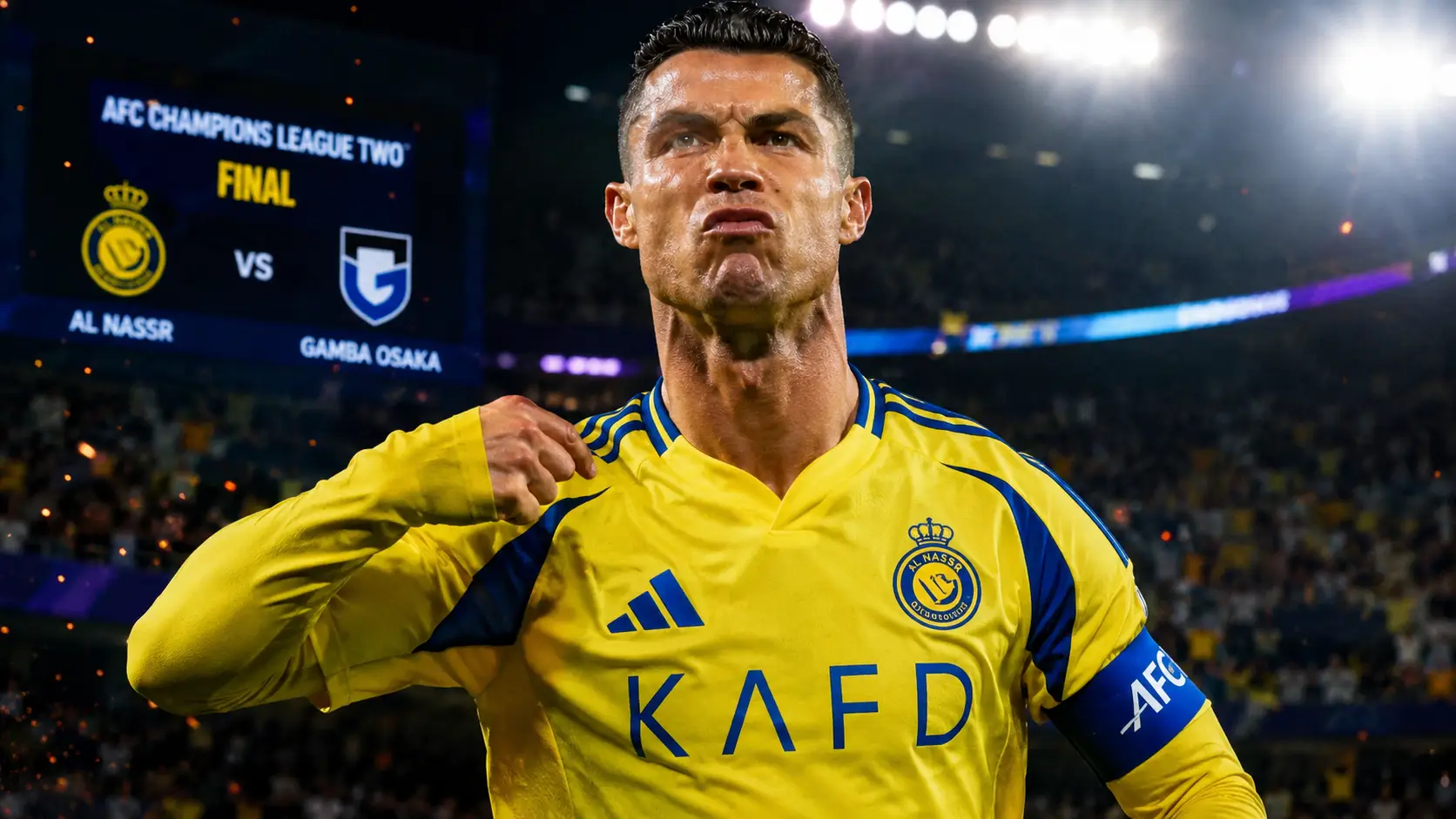 Cristiano Ronaldo playing for Al-Nassr during AFC Champions League Two Final against Gamba Osaka in a packed football stadium