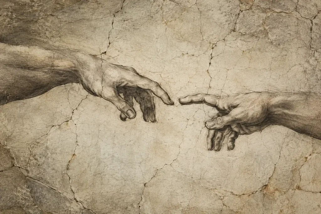"A detailed digital sketch of two hands reaching toward each other in a classical Renaissance fresco and charcoal art style."