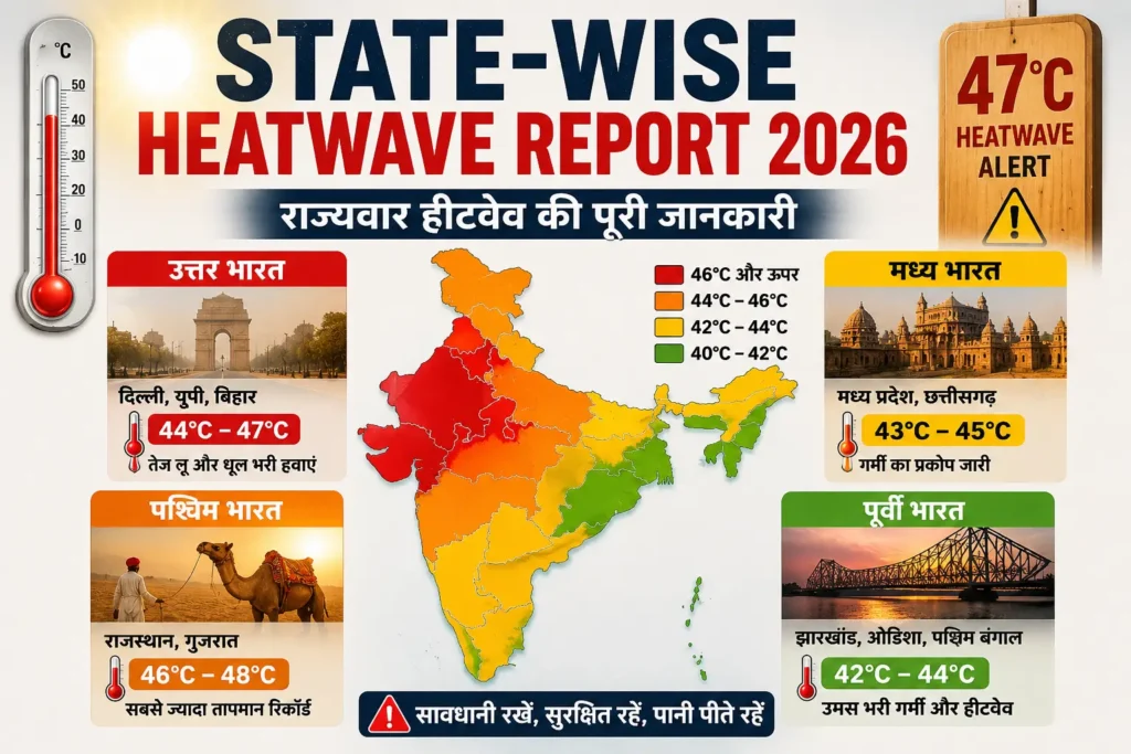 India state-wise heatwave report 2026 map showing temperature zones from 40°C to 48°C across different states
