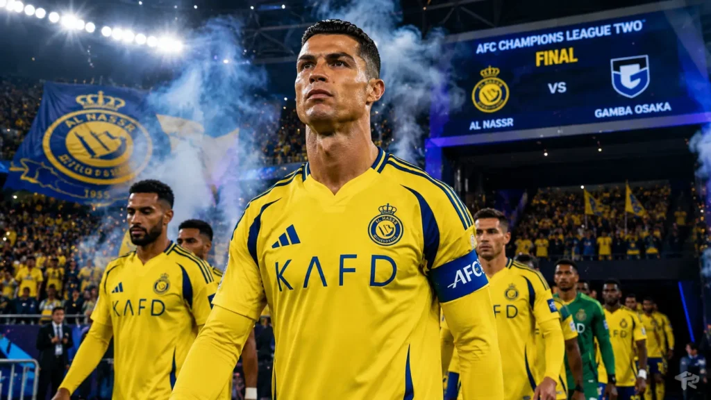Cristiano Ronaldo leading Al-Nassr team before AFC Champions League Two Final match against Gamba Osaka under stadium lights