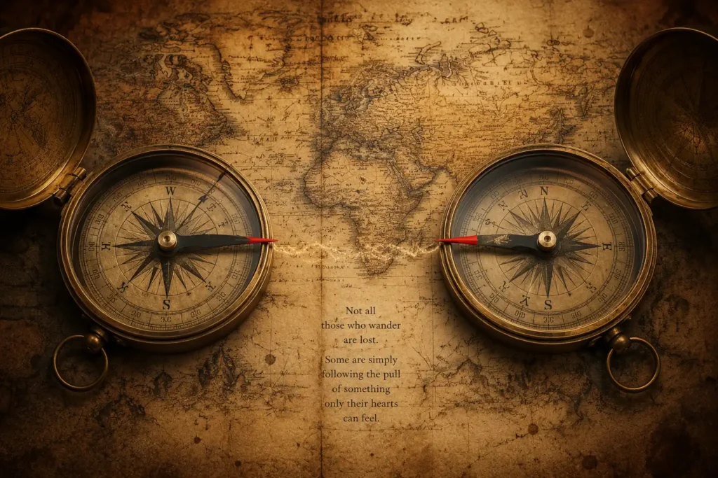 "A conceptual digital art piece of two vintage compasses on an old world map with both needles pointing toward each other."