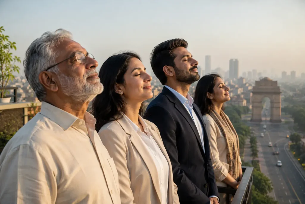 दिल्ली की साफ़ हवा और नीले आसमान के नीचे इंडिया गेट का दृश्य, जो वर्क फ़्रॉम होम नीति के सकारात्मक प्रभाव को दर्शाता है।"
