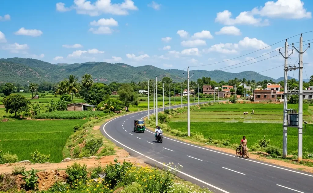 "A newly constructed clean asphalt road passing through green rural fields under a blue sky, representing infrastructure development."