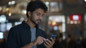 Young Indian man using a smartphone in a busy city at night, realistic facial details, cinematic lighting, urban lifestyle atmosphere, mobile screen glow, ultra realistic photography.