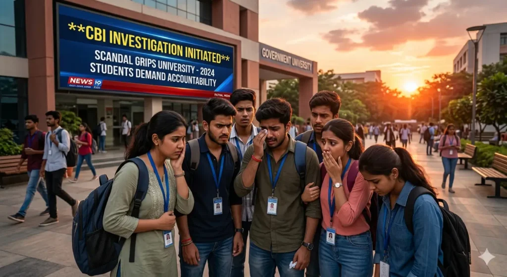 डिजिटल न्यूज़ बोर्ड पर 'CBI जांच' की खबरें देखते हुए चिंतित छात्रों का समूह, जो नीट विवाद के बीच युवाओं की अनिश्चितता को दर्शाता है।